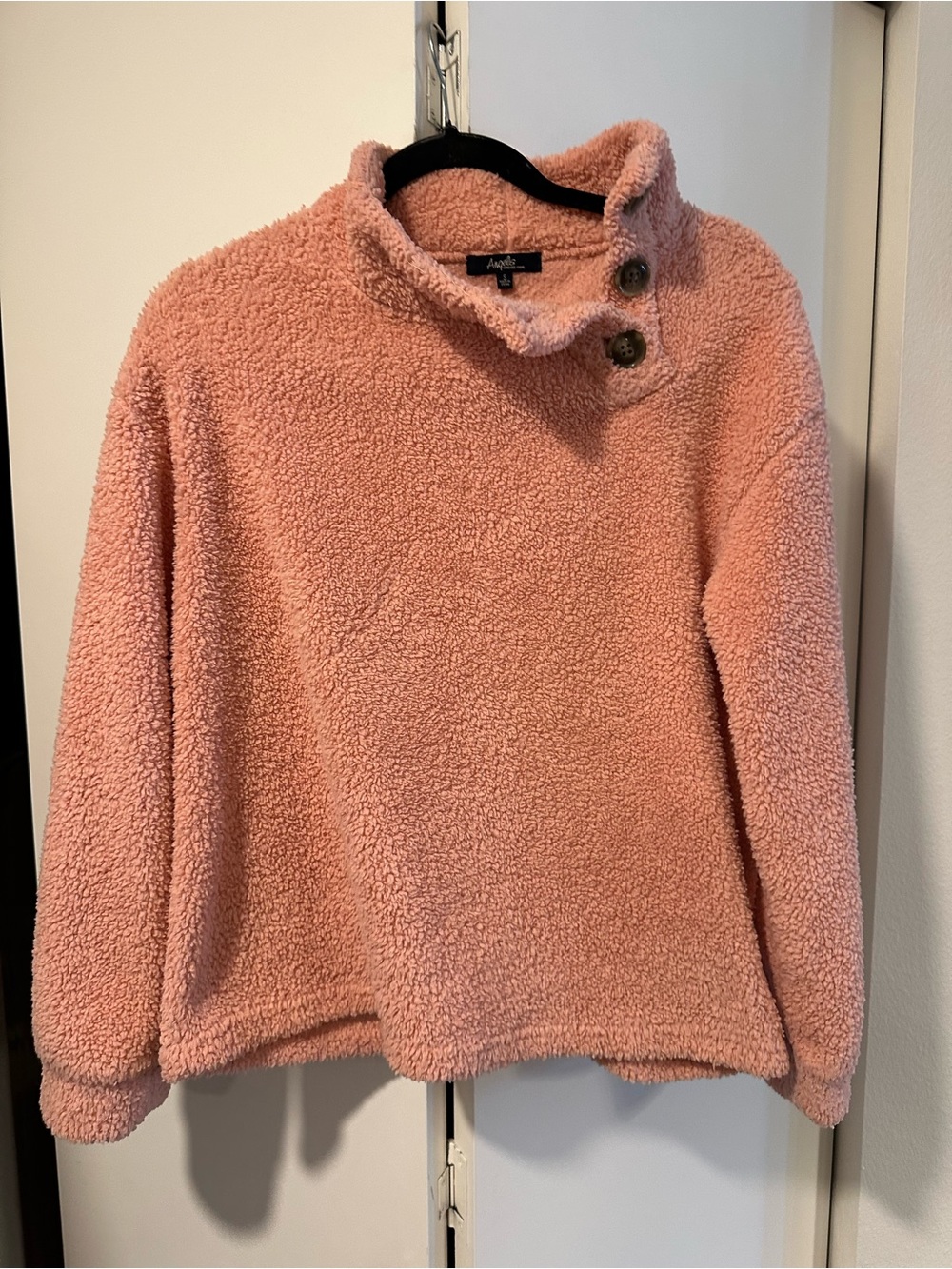 Angels Cozy Button-Neck Women's Sherpa Sweater - Pink Coral Peach Fleece Small